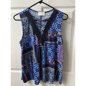 Bobbie Brooks Tank Top Womens Large Black Boho Quilt Look Jersey Swing Lace Trim